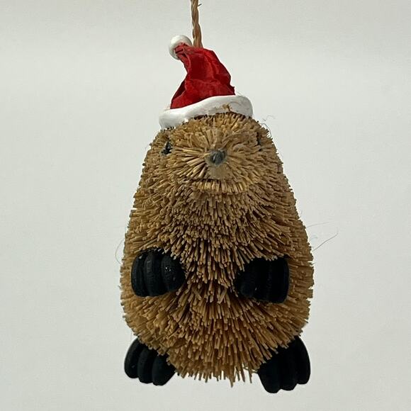 Brown Bottle Brush Animal Ornament Beaver Santa Hat 3" Rustic Holiday Hanging - Picture 3 of 6